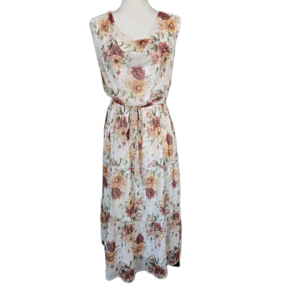 Lark + Grey Romantic Floral Tiered Layered Cowl Neck Mesh Garden Maxi Dress Sz L
